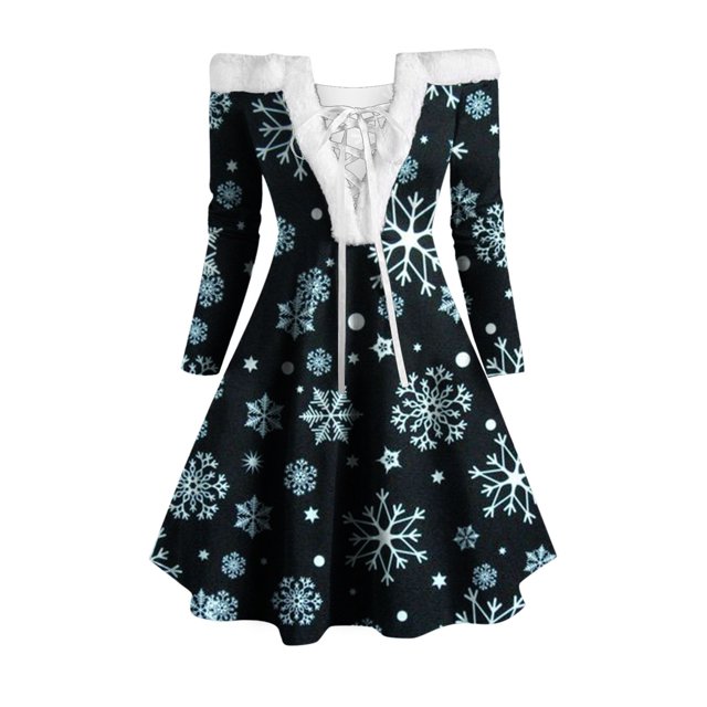 Vestido informal de mujer con estampado navideño de manga larga y hombros descubiertos a la rodilla para minivestido de fiesta Pompotops hdfakjf8909