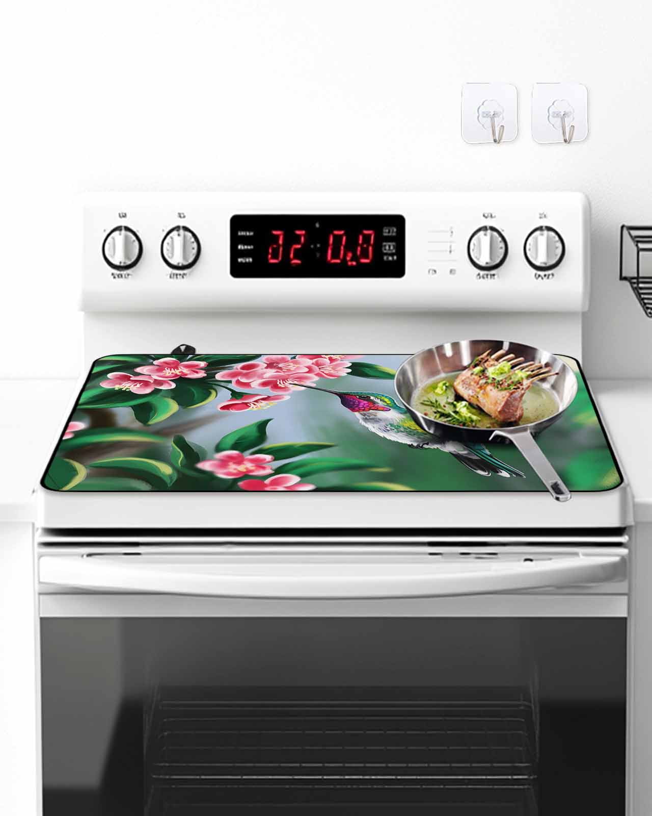 Stove Top Covers for Electric Stove, Green Hummingbird Glass Stovetop Cover Protector, Spring Summer Pink Flower Leaf Induction Cooktop Protector Oven Mat for Kitchen Countertop 24"x21"