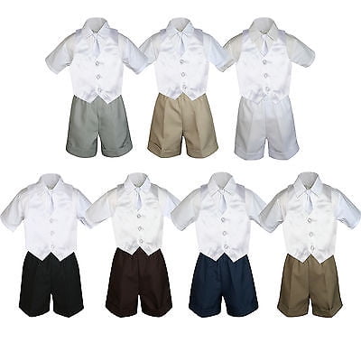

4pc Set Boy Toddler Formal White Vest and Necktie Black Navy Khaki Shorts S-4T