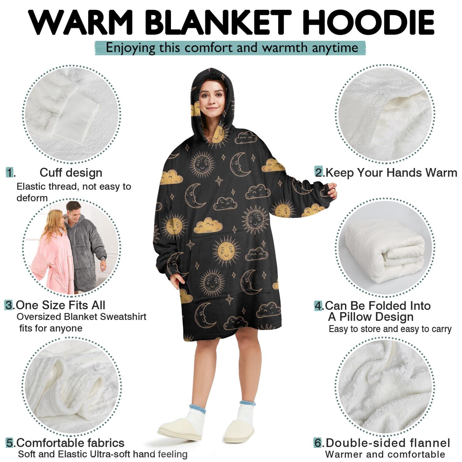 Wearable Oversized Blanket,Black Sun Moon Cloud Pattern Wearable Blanket Hoodie for Adults,Cozy Hooded Blankets with Super Pockets,Super Warm Fuzzy Pullover for Women & Men