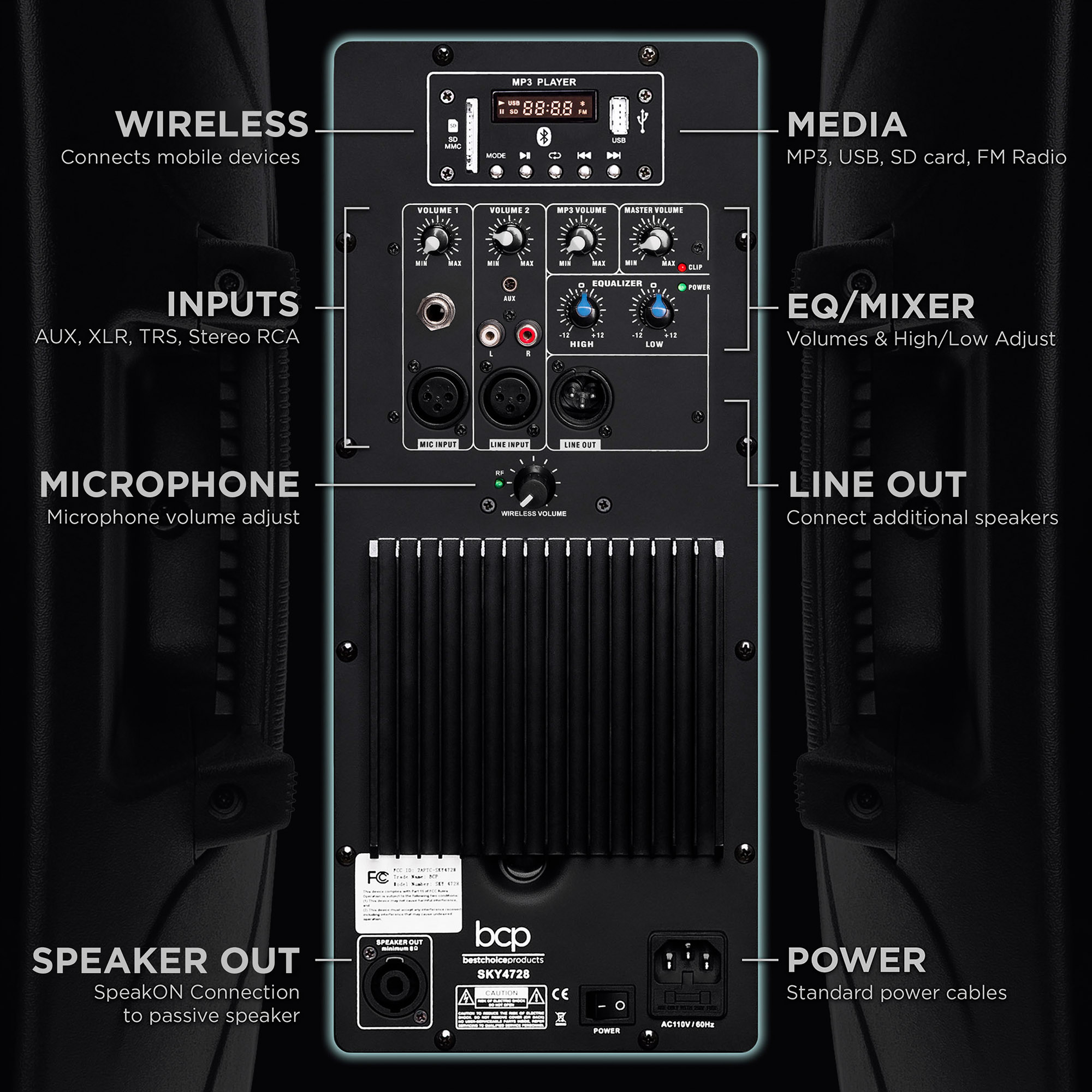 Wireless Microphone Best Choice Products 2000W Dual 2-Way Full Range Wireless Speakers Remote Cables AUX and USB Input Portable PA System w// 12in Woofers