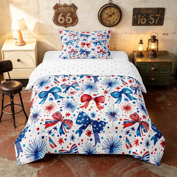 Manfei Watercolor USA Flag Bow Twin Comforter Sets, Firework Ribbon Bedding Set, White Red Blue, Reversible 2pcs, 1 Comforter and 1 Pillowcase