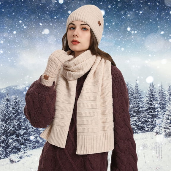ZHOGXU Winter Beanie Hat Scarf Gloves Set For Women And Men Thick Caps Long Scarf Touchscreen Gloves Knitted Warm Comfortable Outfits 3 Pack For Daily Wear Beige One Size