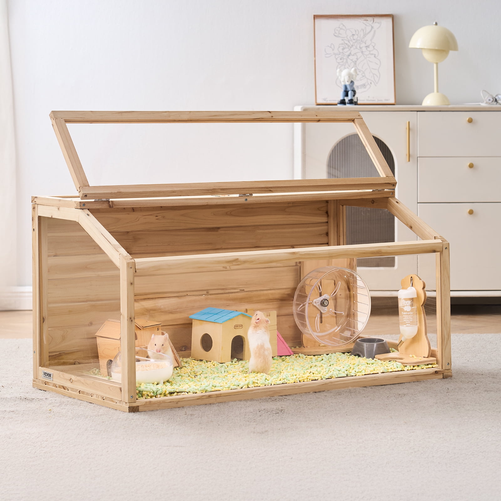 Favory Wooden Hamster Cage, Viewing 𝖧amster Habitat, Dwarf Hamster Cages with Openable Top, Ventilated Small Animal Cage, Pet Mouse Cage for Gerbils，Natural Wood40in x 20in x 20in