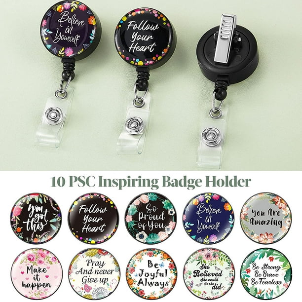 10 Pieces Inspirational Retractable Badge Reel Inspiring Quotes Badge  Holder Flower Motivational ID Badge Reel Decorative Name Badge with  Alligator Clip for Student Teacher Nurse Doctor, 10 Styles 