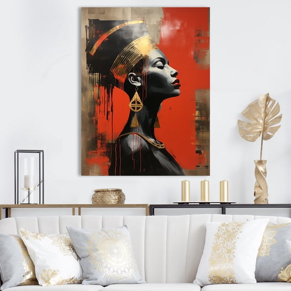 Designart "Diva African American Woman in Gold & Red I" Fashion Canvas Wall Art - Glam Gold Woman Egyptian Bedroom Canvas Wall Art