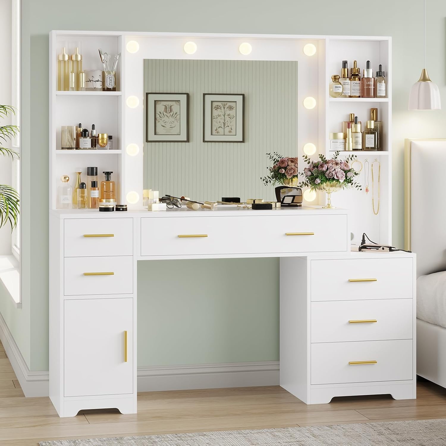 Makeup Vanity Desk with Lighted Mirror & Charging Stations & 6 Drawers, Large Vanity Table Bedroom Dressing Table with Glass Tabletop&Side Cabinet&Glass Tabletop, White