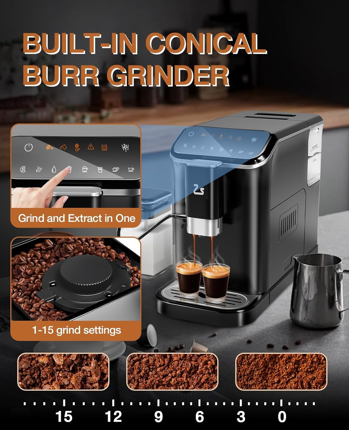 Acekid Automatic Espresso Machine with Milk Frother & Espresso Bean Grinder, 20 Bar Latte Machine, Touch Screen Coffee Machine, 1.5L Water Tank