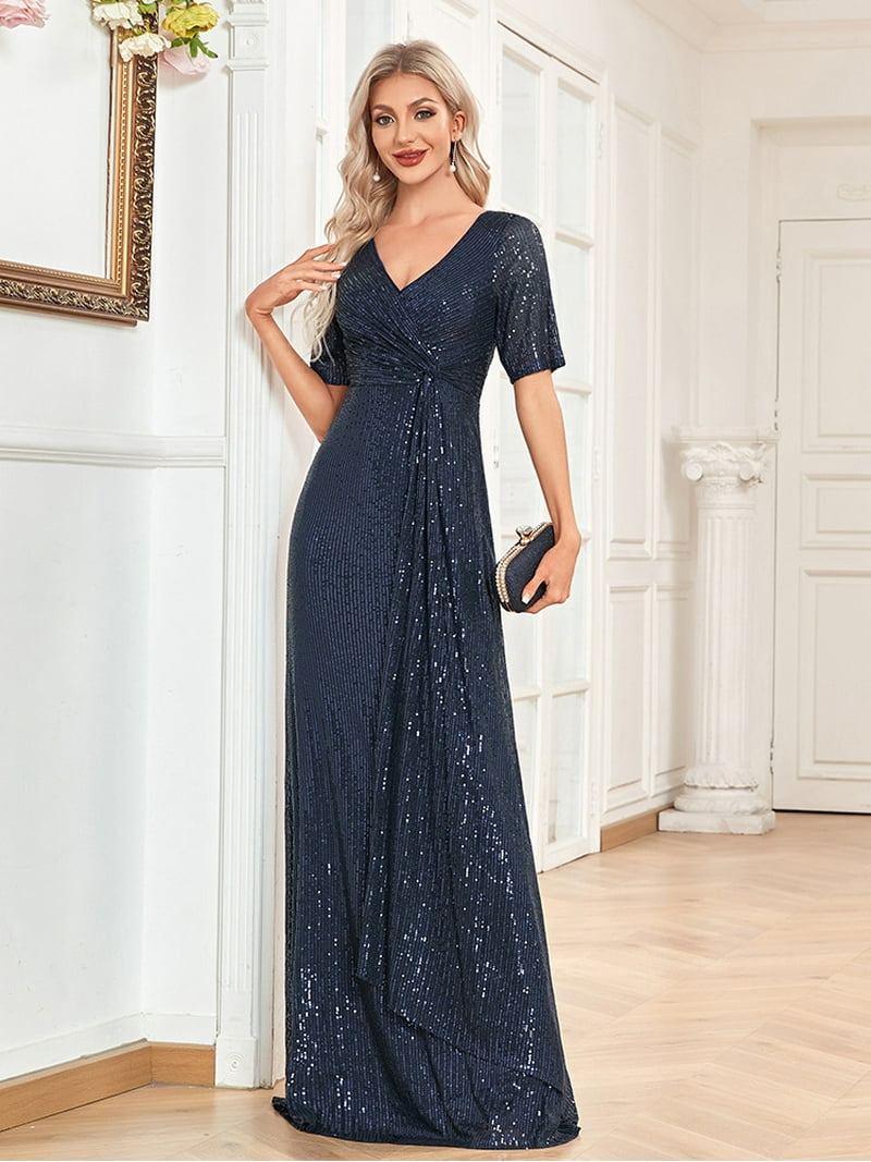 short sleeve long wedding guest dress Mac Duggal Women's Cocktail Geometric Beaded Midi-Dress - Blush