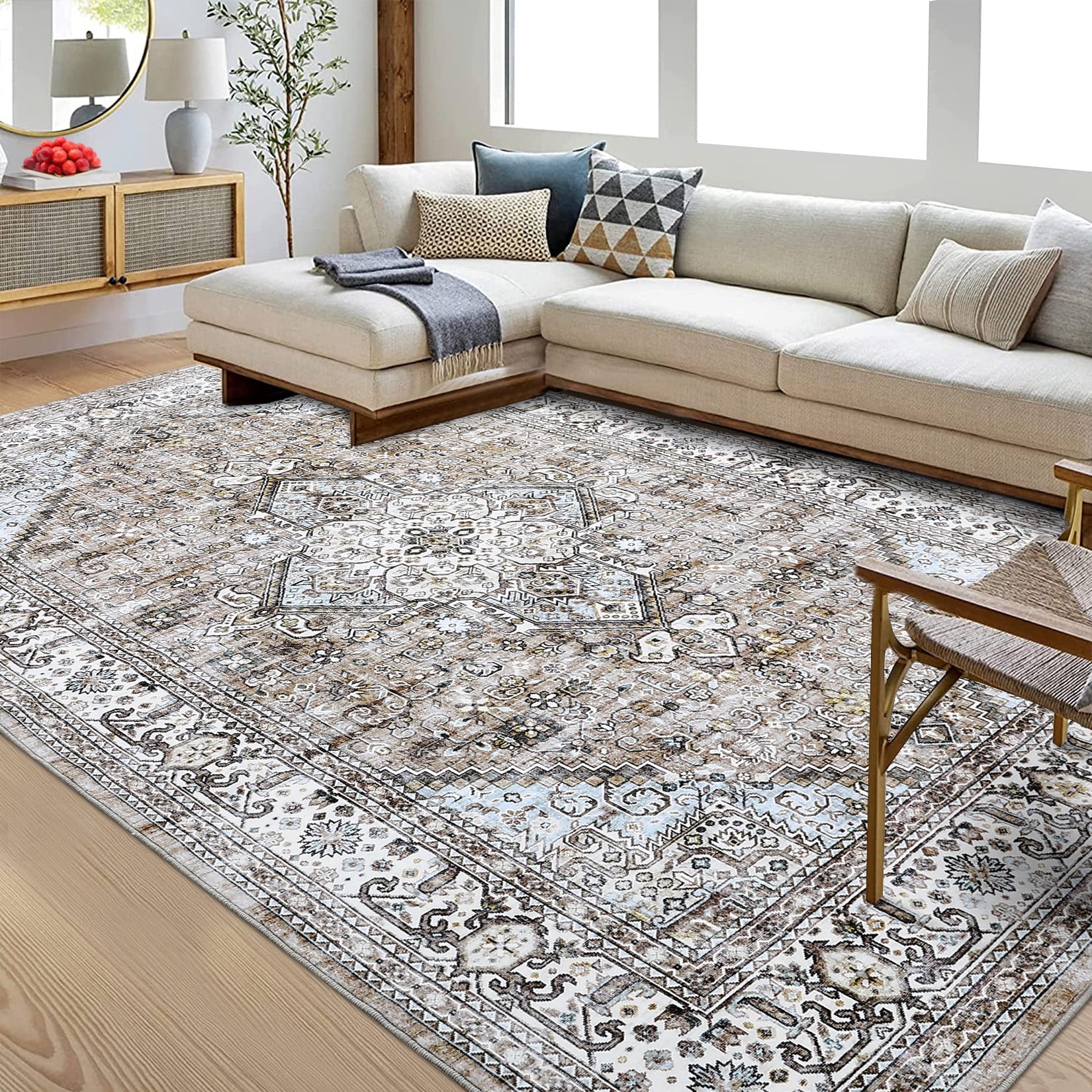 HOMERRY Area Rug for Living Room 8' x 10' Non-Shedding khaki Vintage Floral Indoor Carpet