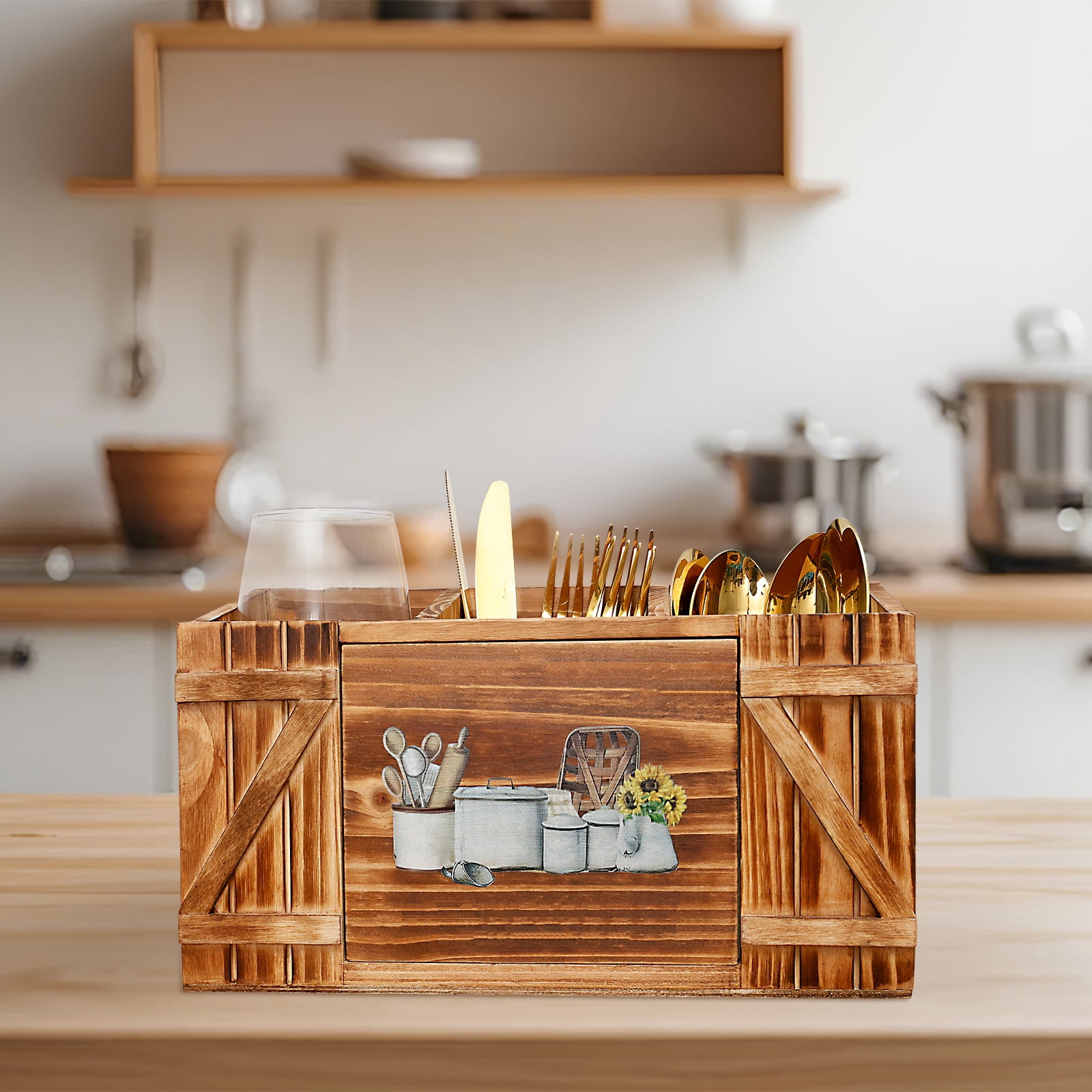 Tzdxfgl Wood Kitchen Utensil Holder for Countertop, Silverware Organizer with 3 Compartments, Large, Brown Sunflower