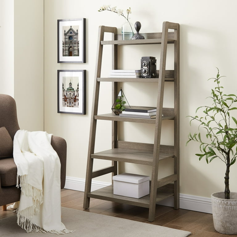 Linon Tracey Five Open Shelf Wood Ladder Bookcase in Gray Finish