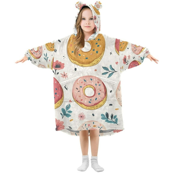 FORMRS Wearable Blanket Hoodie with Sleeves for Kids Cozy Flannel Sweatshirt, Pink Donut