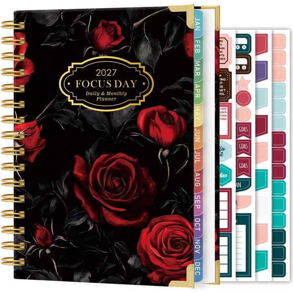 NIRMIRO 2027 Daily & Monthly Planner, Jan. 2027 - Dec.2027 Hardcover Spiral Bound Calendar Planner with Ruler, 4 Planning Stickers, 6.5" X8.4", Appointment Book for Organizing