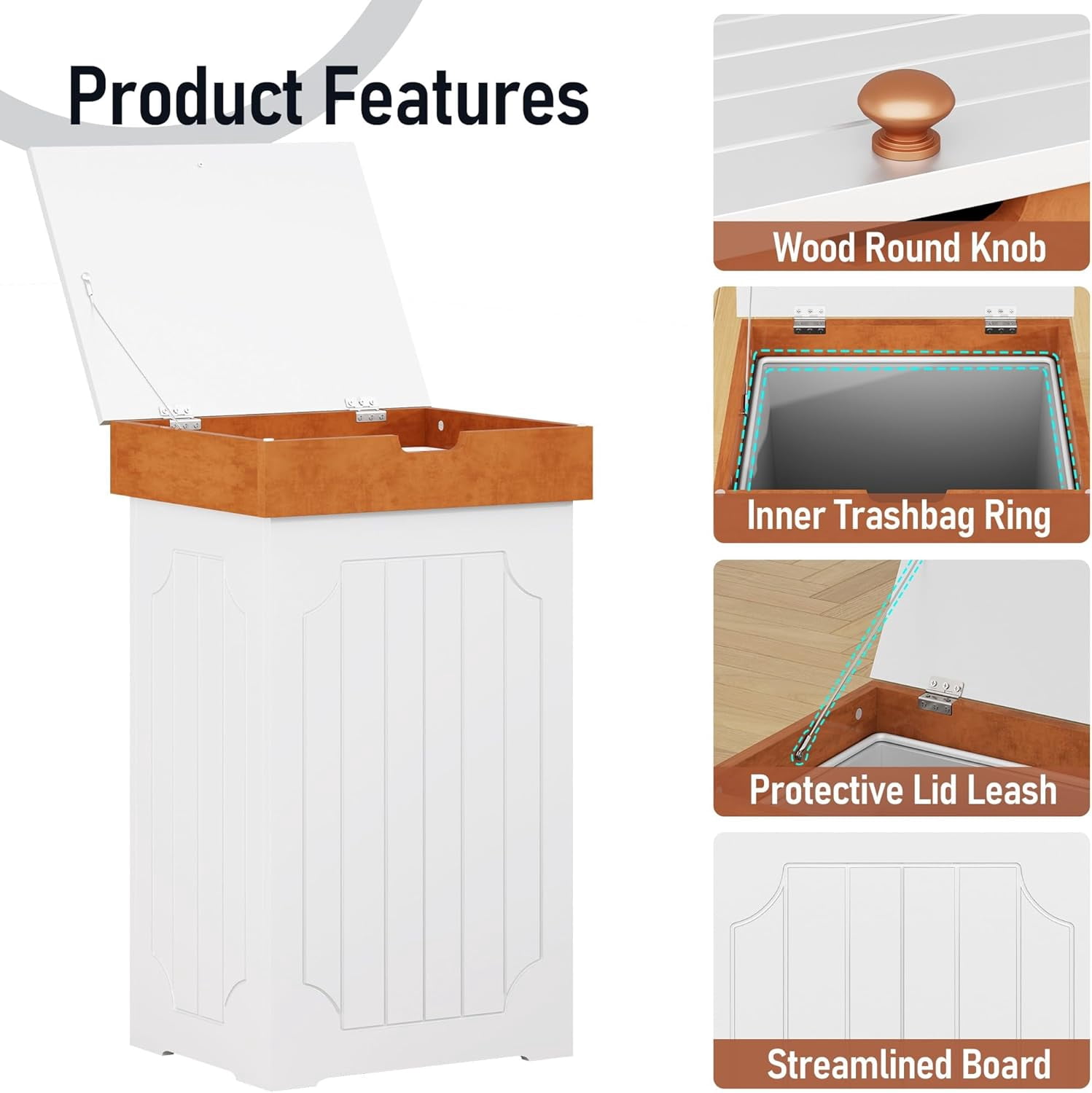 Trash Can Cabinet, 13 Gallon Kitchen Garbage Can, Wooden Recycling Trash Bin, Dog Proof Trash Can, Trash Cabinet with Lid for Home Kitchen Bathroom, White