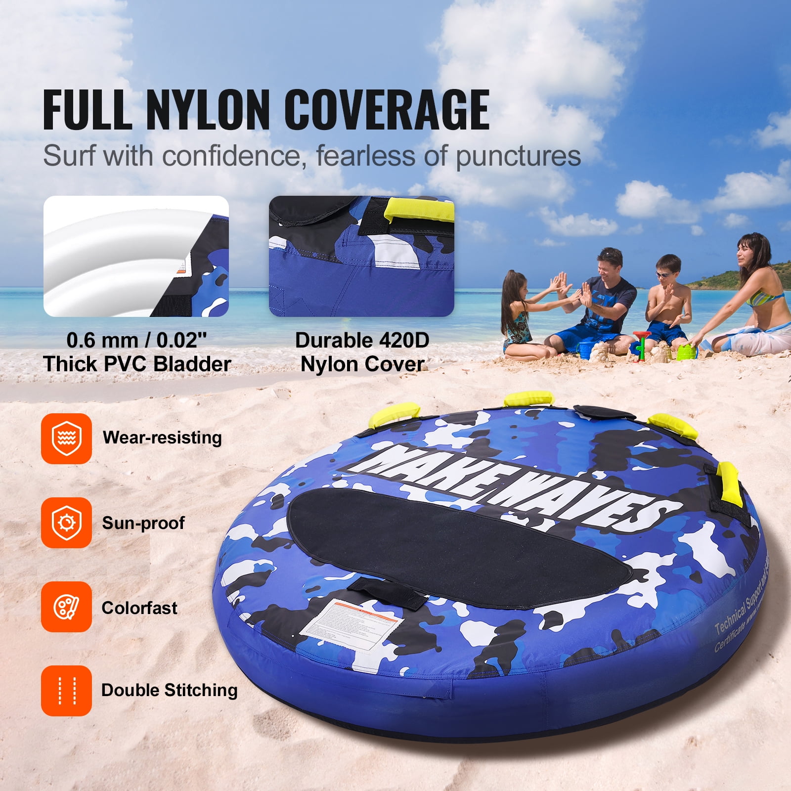 KFFKFF Towable Tube for Boating, 340 lbs Capacity, Inflatable Water Sport Tube for 1-2 Riders, 51.8" Round Design with Durable Nylon Cover, EVA Handles, and Quick-Release Safety Valve