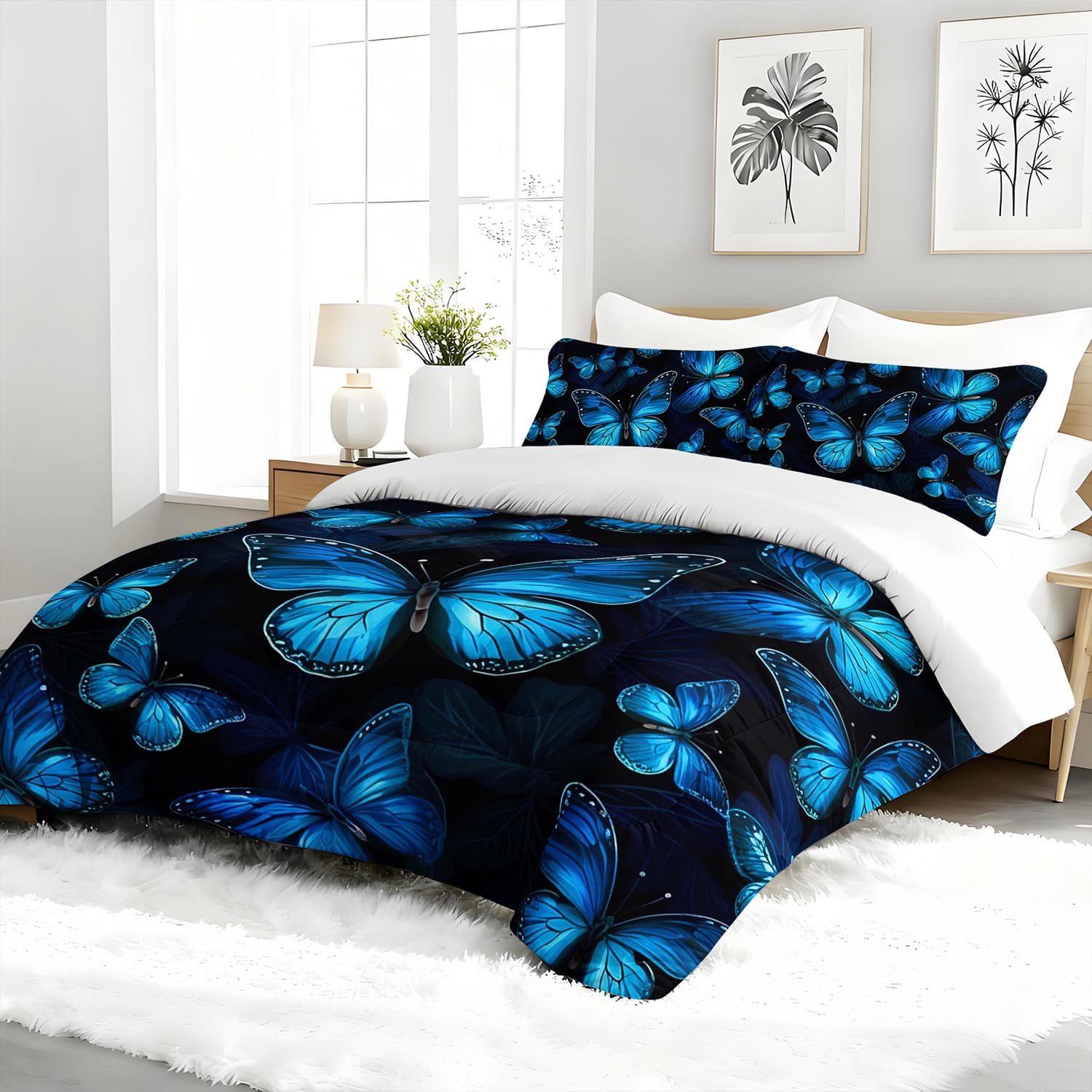 3pcs Blue Butterfly Comforter Set, Vibrant Butterfly Bedding Set for Bedroom or Guest Room Decor, All Seasons Quilt Machine Washable Duvet with 2 Pillowcases