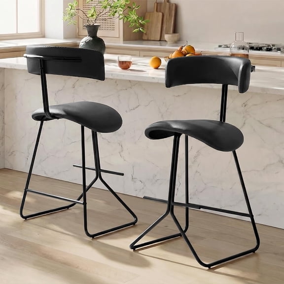 Memoryfield Bar Stools Set of 2, Modern Counter Height Stools with Back, Faux Leather Bar Chairs with Ergonomic Backrest & Metal Legs for Kitchen Island, Home Bar, Black