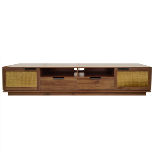 78-Inch TV Stand for TVs up to 85", Modern Rattan Media Console with 2 Drawers & Open Shelving, Soft-Close Doors, Cable Management, Entertainment Center for Living Room