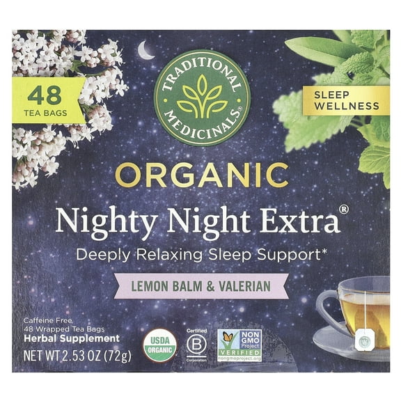 Traditional Medicinals Organic Nighty Night Extra®, Lemon Balm & Valerian, Caffeine Free, 48 Wrapped Tea Bags, 2.53 oz (72 g)