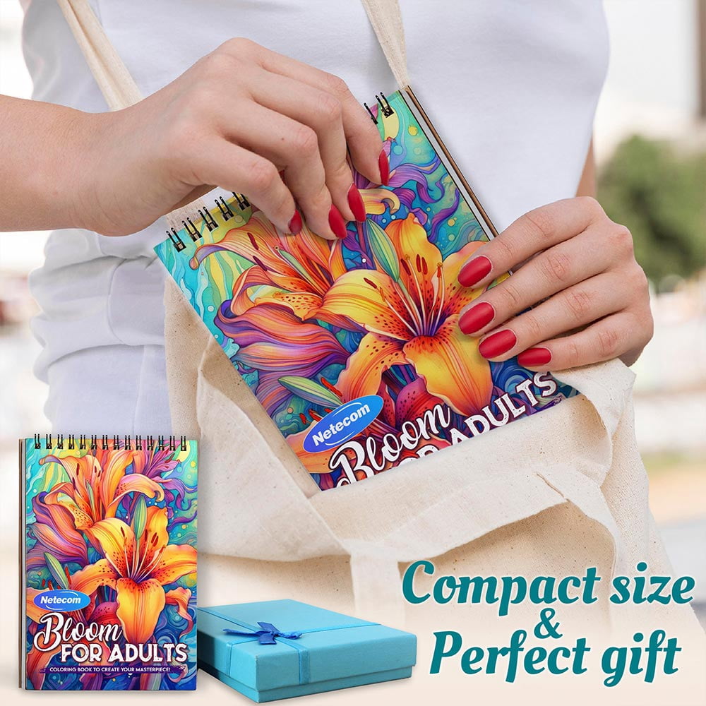Netecom Bloom Coloring Book Spiral Bound For Adults, A5 Wooden Cover, 30 Beautiful Coloring Pages of Flourishing Flowers for Stress Relief and Relaxation