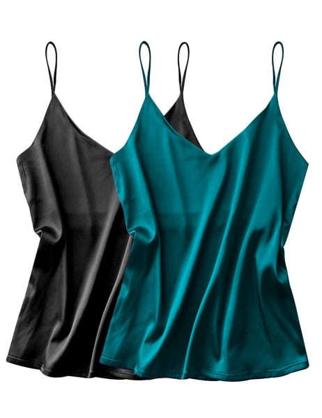 Ekouaer Women's Silk Satin Tank Top 2 pack Camisole Sexy V Neck Loose ...