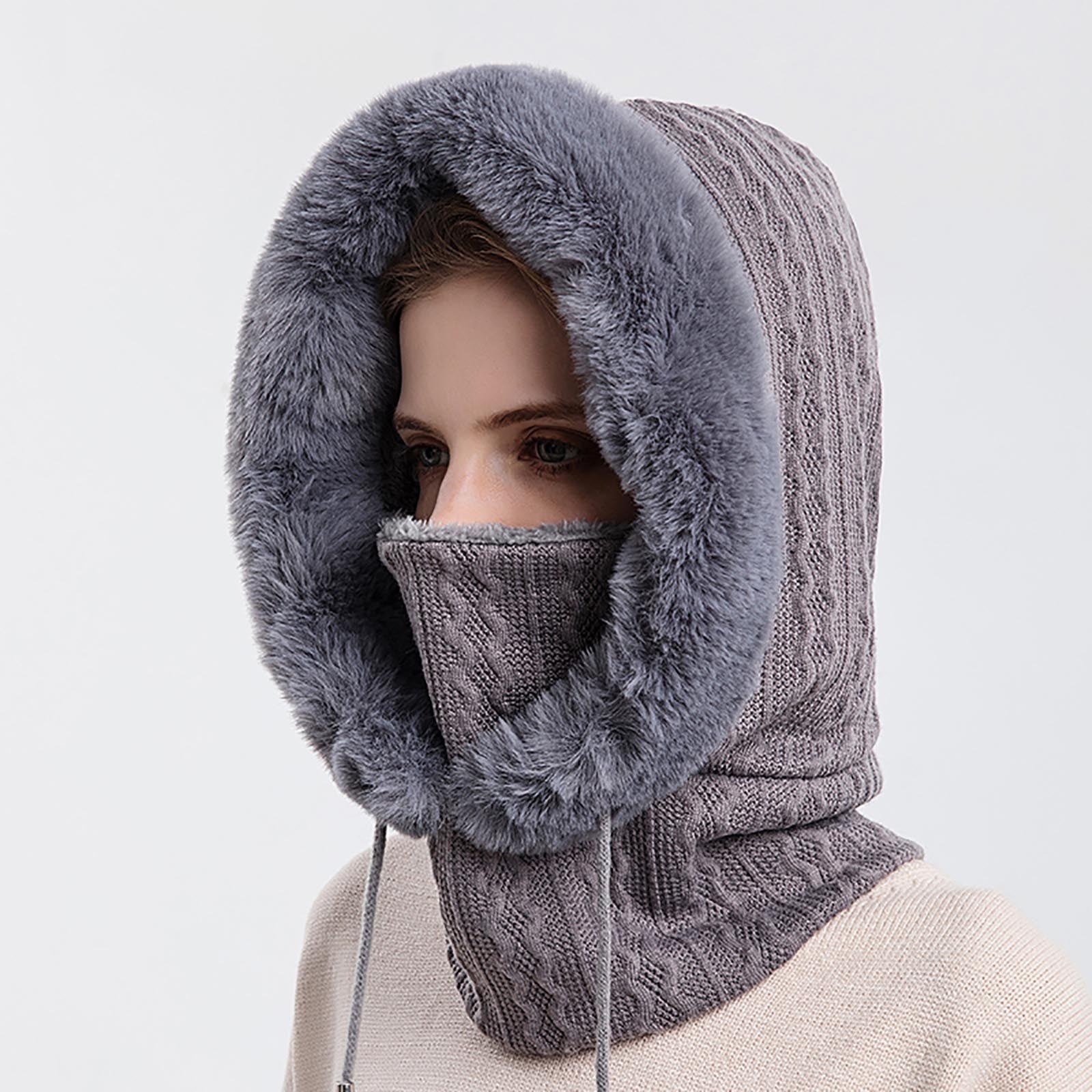 qolati Trapper Hat for Women Men with Mask Ear Flaps Knitted Windproof Winter Bomber Hats Cold Weather Warm Winter Faux Fur Hunting Balaclava Ski Hats