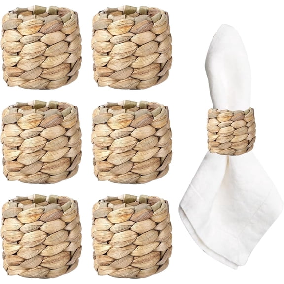 6 Pcs Round Woven Napkin Ring, Farmhouse Napkin Rings,Water Hyacinth Napkins Rings, Rustic Napkin Rings, Napkin Holder Buckles, Spring Napkin Rings for Christmas,Birthday, Thanksgiving
