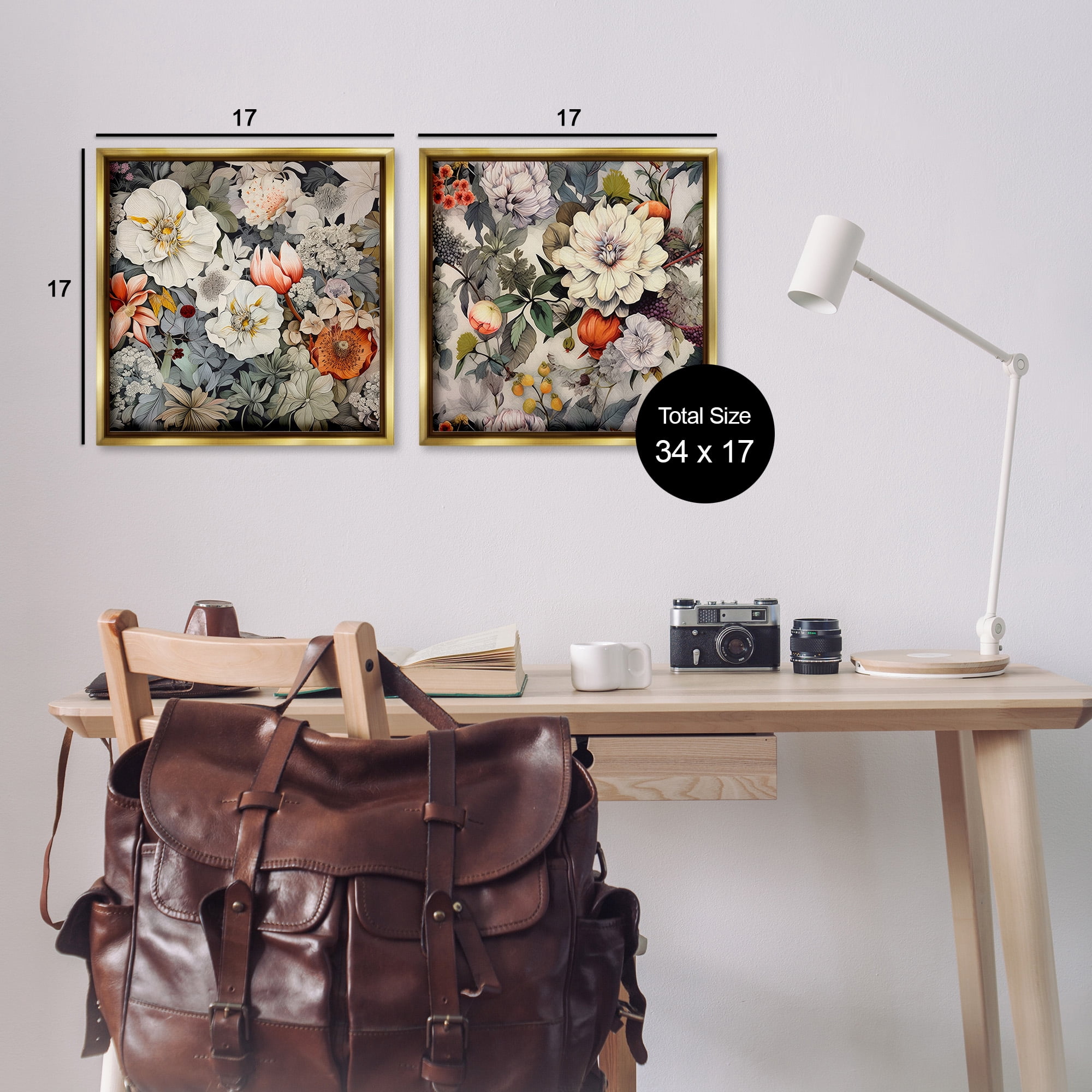 Stupell Industries Vintage Blooms Arrangement Botanical & Floral Painting Gold Floater Framed Canvas Art Print Wall Art, 18 x 18, Set of 2