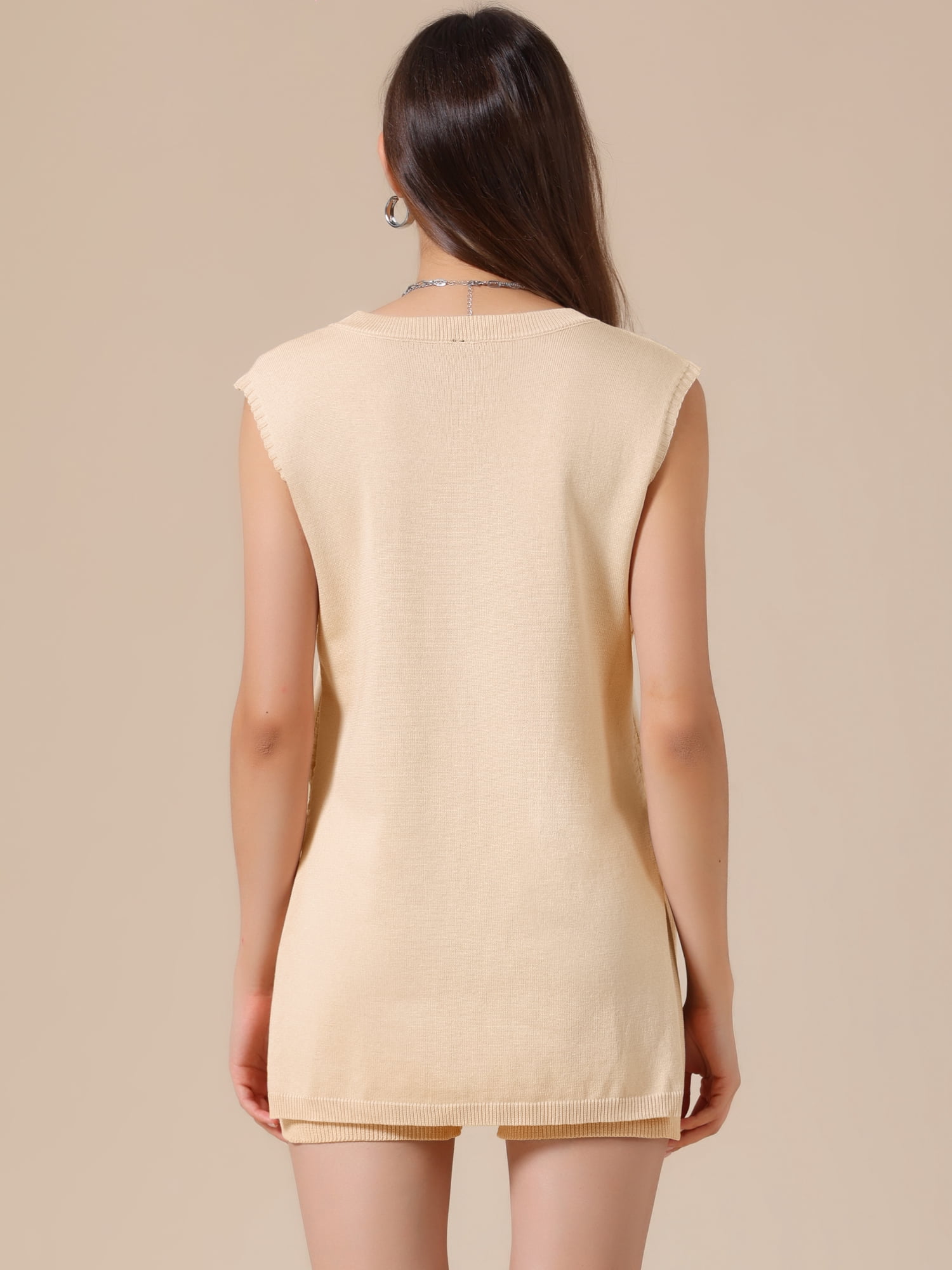 DARING DIVA Women's 2 Piece Lounge Set Ribbed Knit Sleeveless Top Shorts Suit L Beige