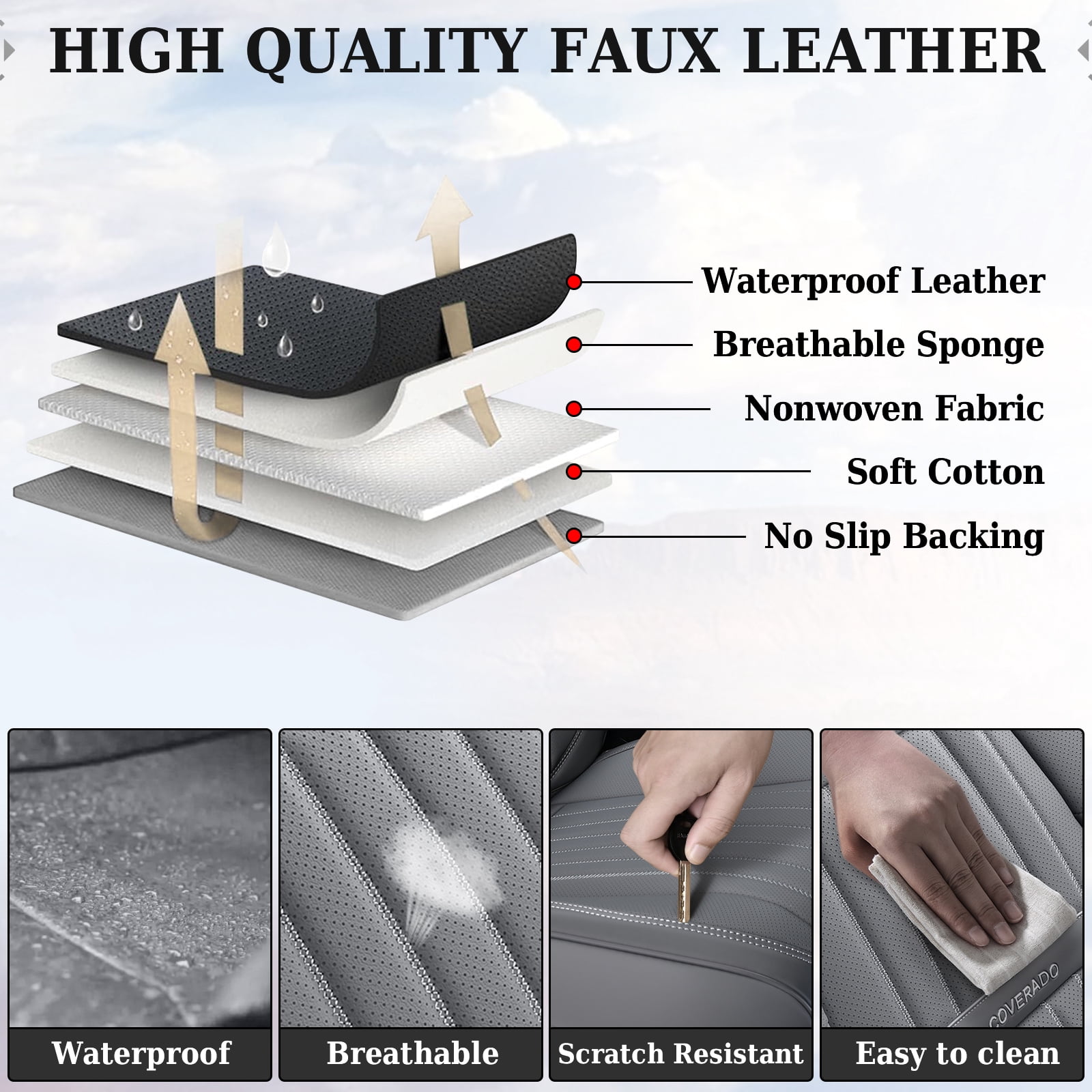 Coverado Car Seat Covers 2 Seats, Waterproof Faux Leather Front Seat Protectors, Auto Interior Cushions Universal Fit for Most Cars, Gray