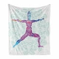 thumbnail image 1 of Colorful Soft Flannel Fleece Blanket, Girl on Yoga Warrior Pose with Lotus Flower Petal Lines and Shapes Boho Art Print, Cozy Plush for Indoor and Outdoor Use, 50" x 60", Purple Blue, by Ambesonne, 1 of 6