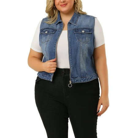 MODA NOVA Juniors Plus Size Trucker Zipper Front Sleeveless Denim Vest Jacket