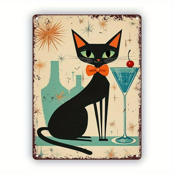 Room Retro Black Cat with Martini Glass Metal Tin Sign, 8x12inch, Vintage Atomic Age Wall Art, Rustic Iron Pub Decor, Mid-Century Home Bar Decoration