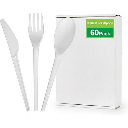 

BangShou 60 Pack 100% Compostable Cutlery Set 6.5 inch Disposable Tableware - Disposable Spoon Fork Knife Heavy Duty Biodegradable Flatware Utensils for Party BBQ Picnic Wedding