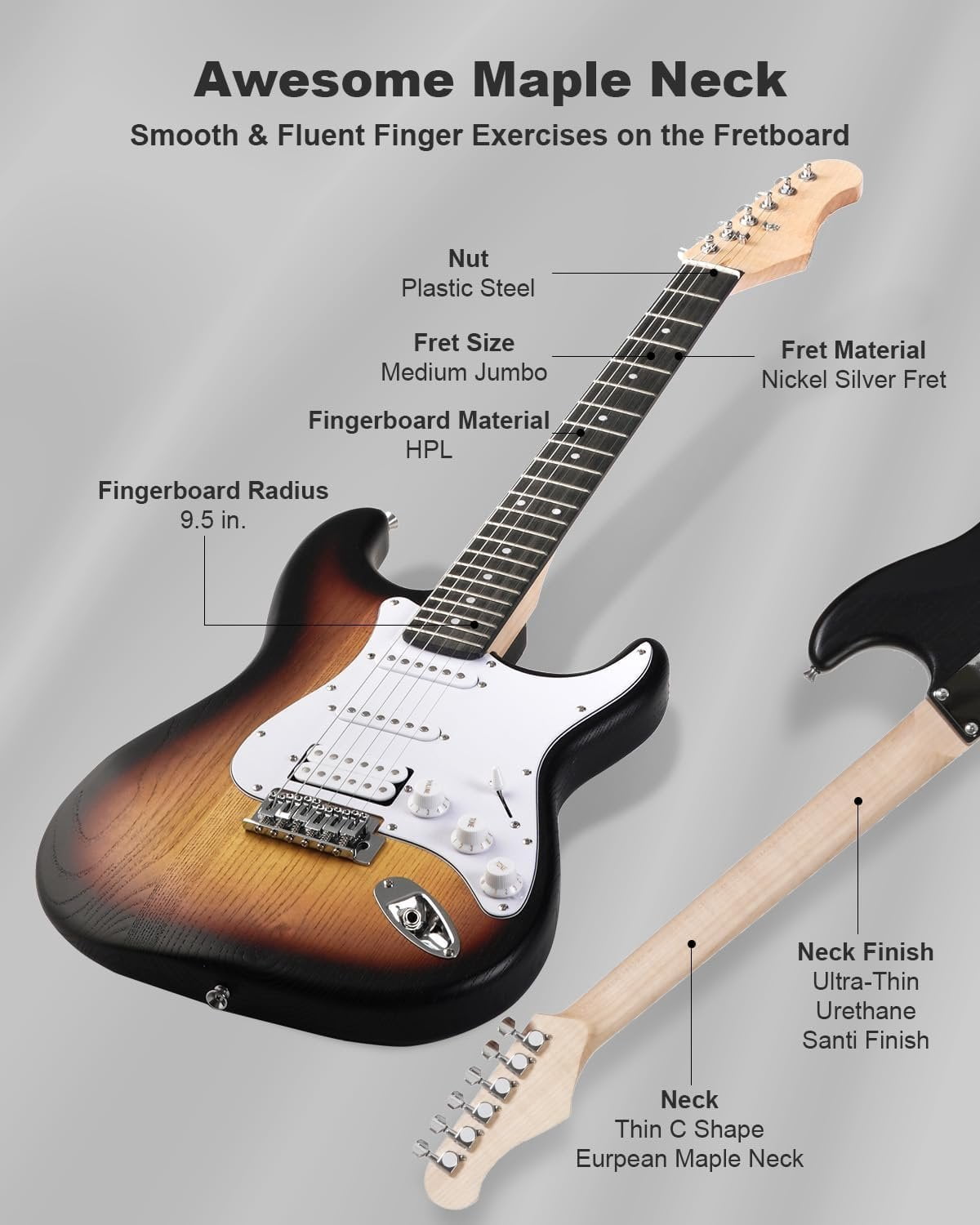 RST-150 39"Beginner Electric Guitar Kit with Amplifier, Classic HSS Pickup, Electric Guitar with Gig Bag, Capo, Strap, Extra Strings, Digital Tuner, 3 Picks, Cleaning Cloths (3-Sunburst)