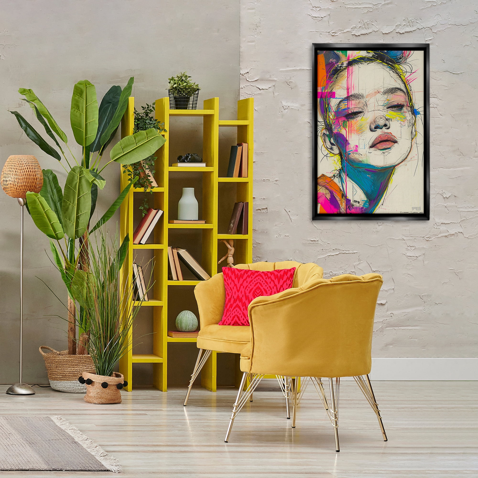 Stupell Industries Bright Sketch Visage Novelty Painting Black Floater Framed Art Print Wall Art, 21 x 31