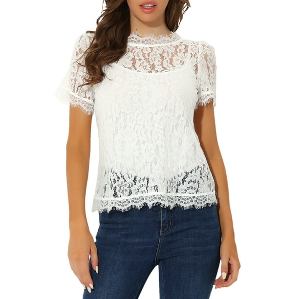 INSPIRAR CHIC Blusa de Encaje Floral con Corte Escallopado de Manga Corta Semi Transparente 3XL Blanca