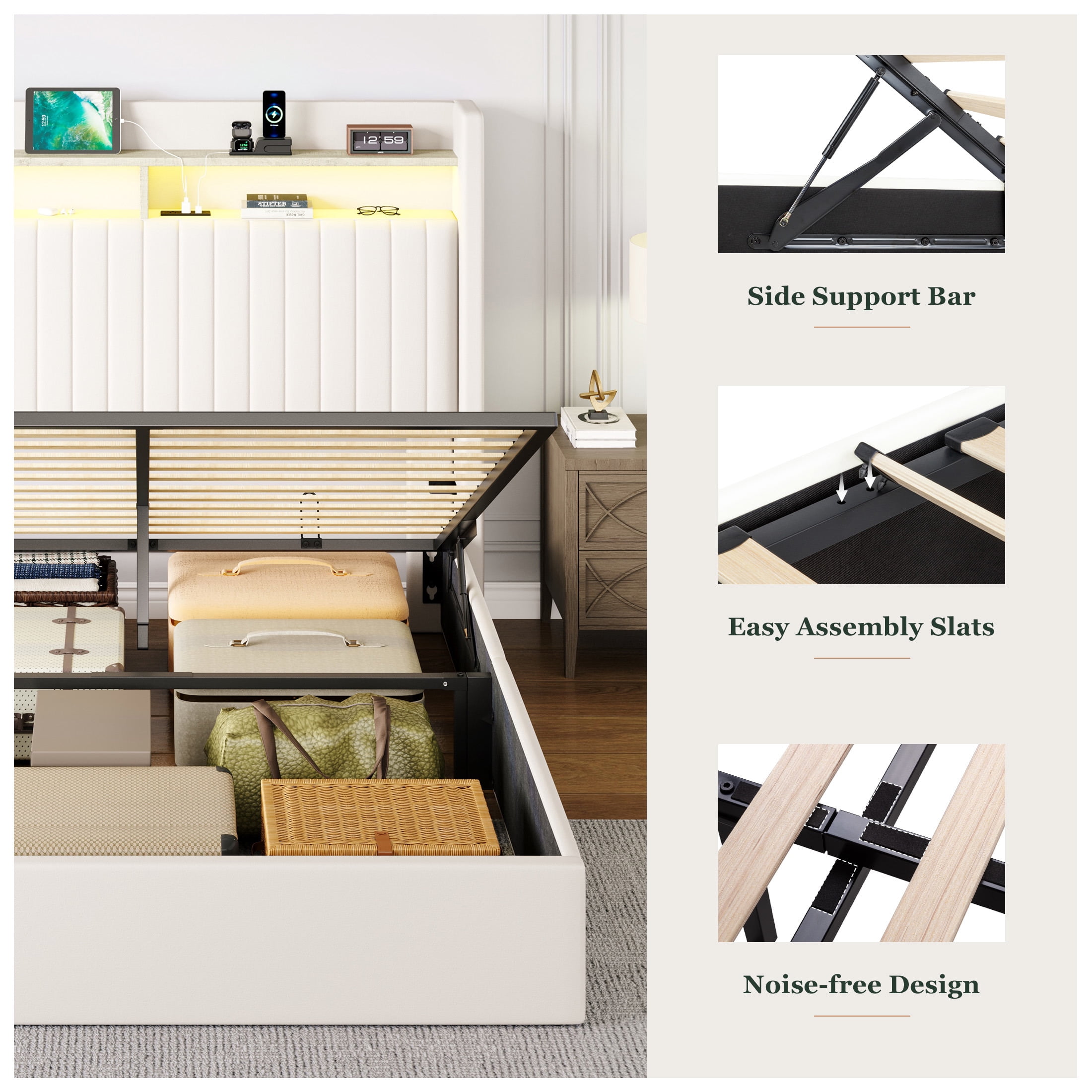 Amolife Full Hydraulic Lift-Up Storage Bed Frame, LED Headboard with Fast Charging (USB/Type-C), 2-Tier Shelves & Velvet Upholstered, Cream