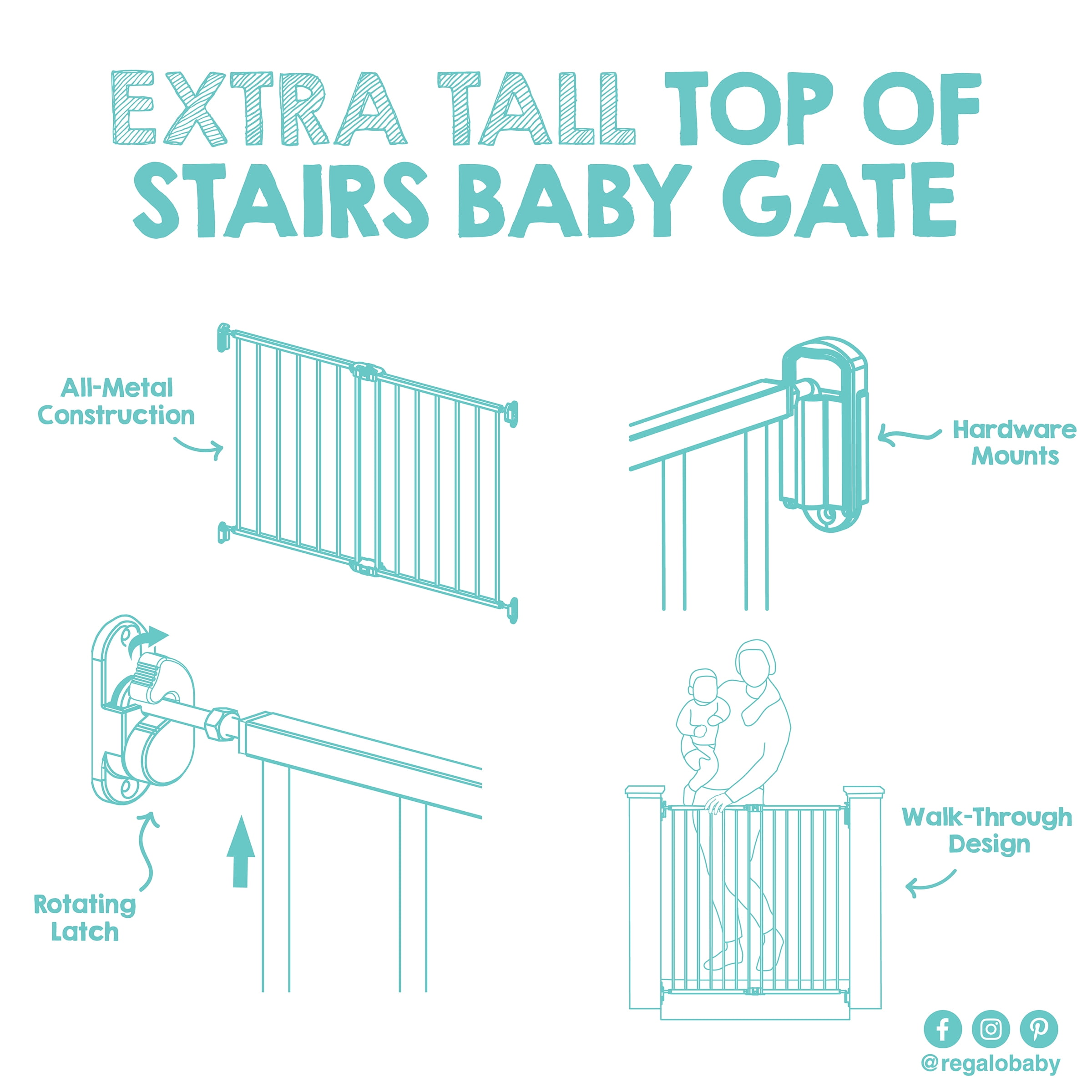 Regalo Extra Tall Baby Safety Gate for Stairways and Hallways, 38 Inch Tall, Black