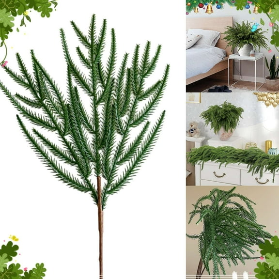 Yhmxh Christmas Real Touch Norfolk Stems, 23Inch Large Artificial Pine Branches Faux Evergreen Pine Sprigs Fake Foliage Greenery Picks Pine Tree for Christmas Wreath Making DIY Crafts Home Decoration