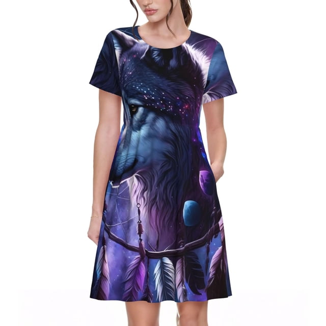 Bixox Robe d'Été à Manches Courtes pour Femmes Robe Ample Longueur Genou avec Poches Loup à Plumes