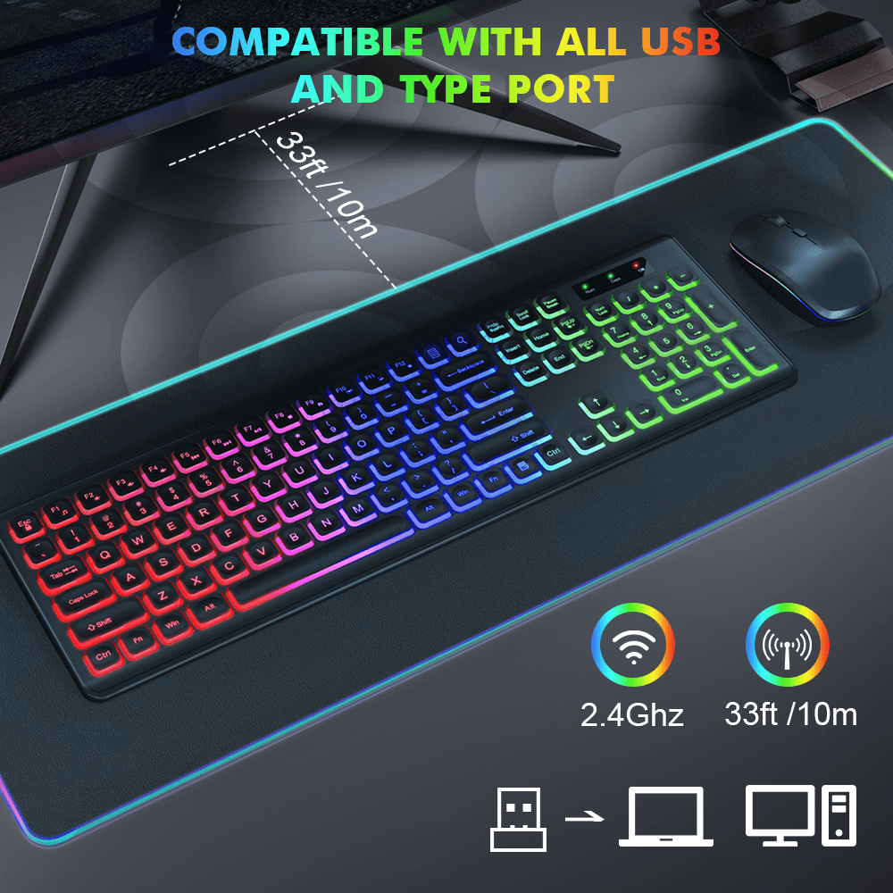 Wagpak Wireless Keyboard and Mouse Combo RGB Backlit Rechargeable 2.4GHz Quiet 108 Keys Keyboard-Black