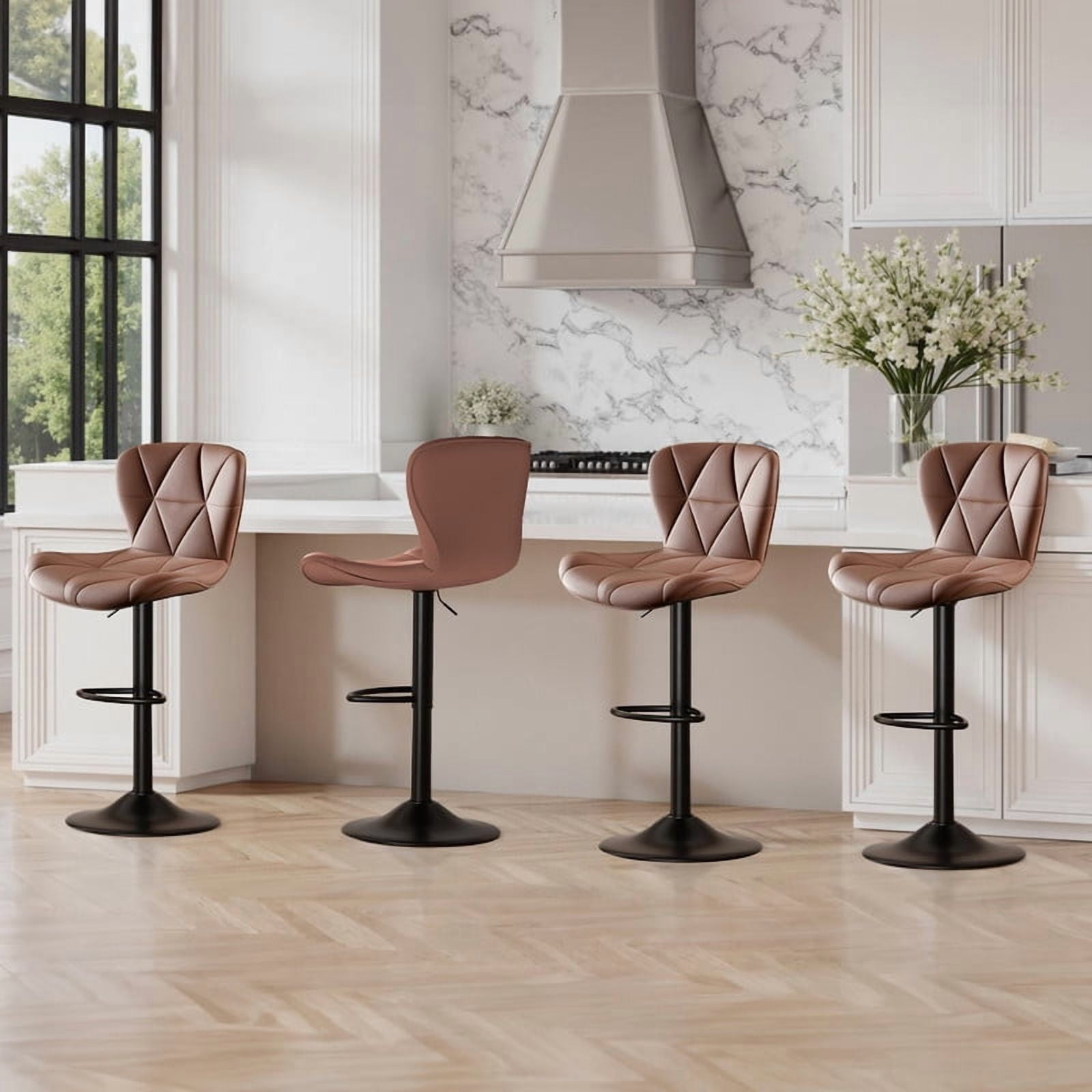 Daluvenix Modern Bar Stools Set of 1, Adjustable Swivel Counter Height Bar Chairs with Back, Faux Leather Upholstered for Kitchen Island, Brown