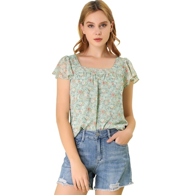 Blusa En Capas Allegra K Manga Corta de Volantes de gasa con Cuello cuadrado para Mujer Verde L