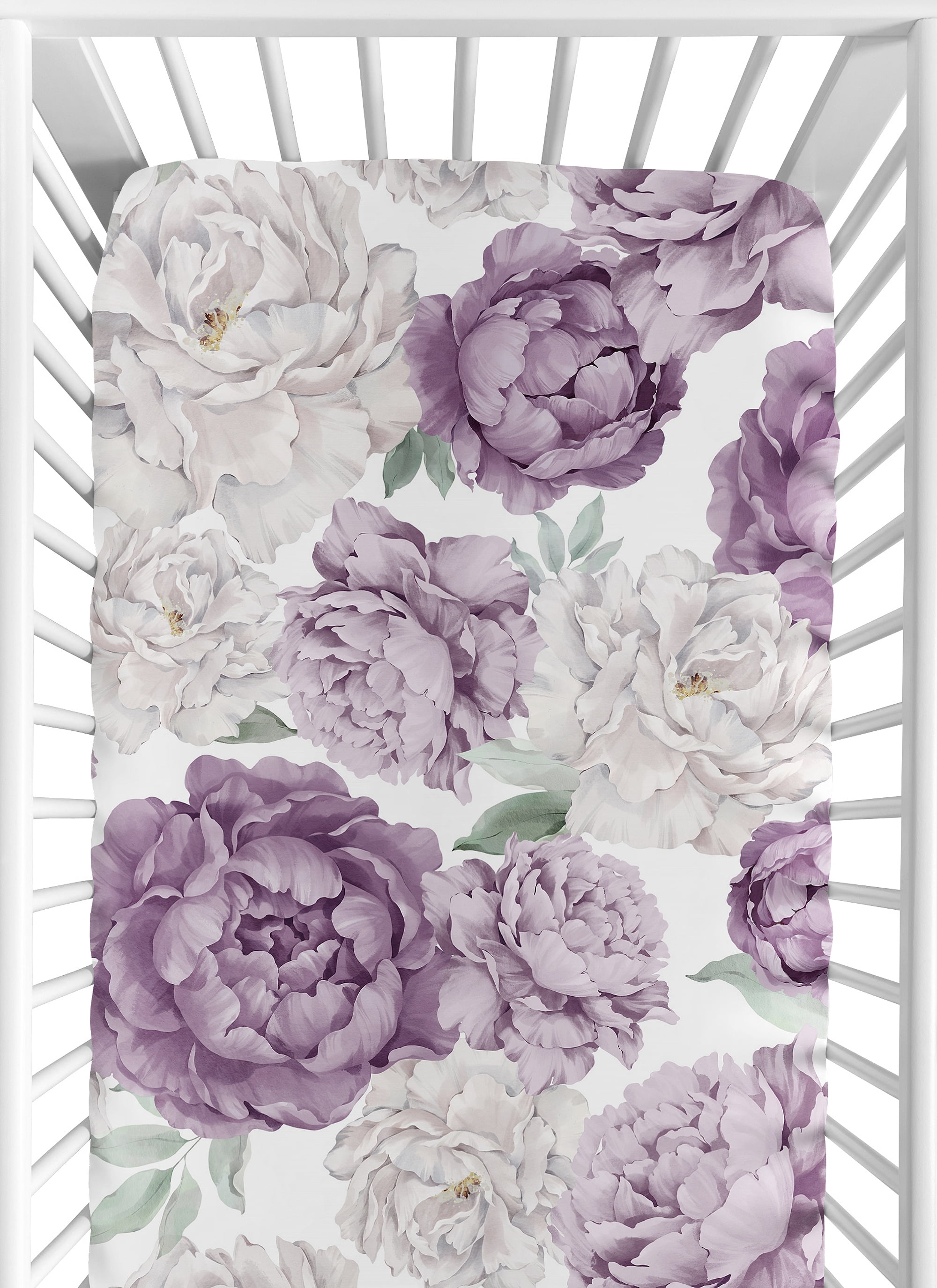 Sweet Jojo Designs Peony Floral Garden Purple Ivory and Green Fitted Crib Sheets 2 Piece Set