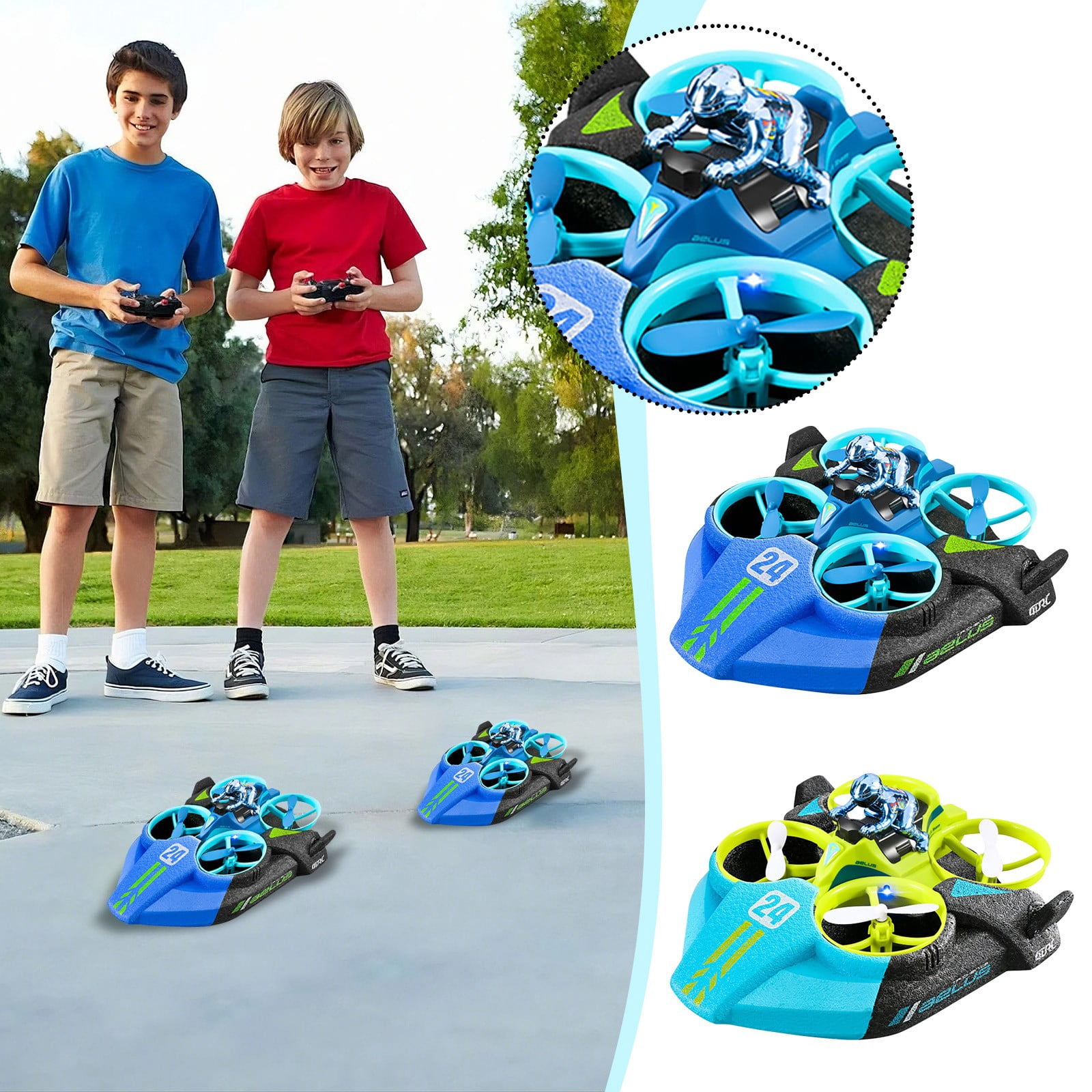 3-in-1 Remote Control Hovercraft, Sea Land Air RC Drone Drift Car, Quadcopter (Batteries Not Included for Remote), Green