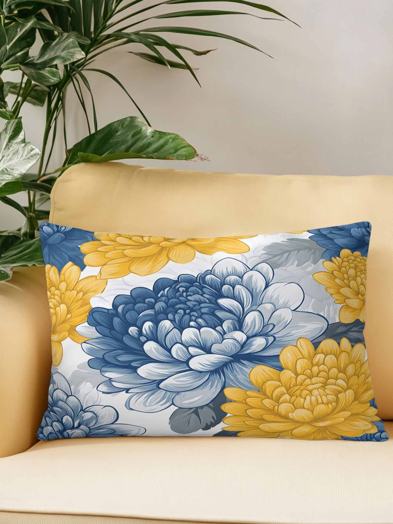 Outdoor Pillows Waterproof, Blue Yellow Spring Floral Bedding Throw Pillows with Insert for Couch Sofa Bed, Summer Botanical Elegant 12x20 Inch Pillowcases Decorative Camping Patio Pillow Set of 1