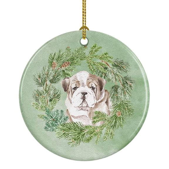 Bulldog Puppy Fawn Brindle Christmas Wreath Ceramic Ornament 2.8 in x 2.8 in