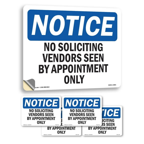 No Soliciting Vendors Seen By Appointment Only OSHA Notice Vinyl Decal Label 10 Inch x 7 Inch - 5 Pack
